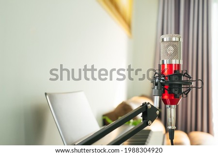Closeup to red condenser microphone with copy space.