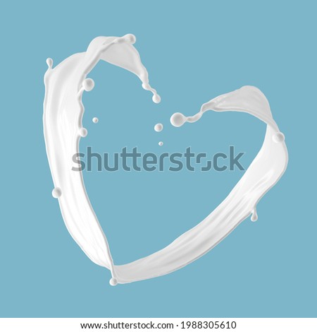 3d illustration, milk splash in the shape of a heart, Valentines day romantic symbol, liquid clip art isolated on blue background. White paint splashing