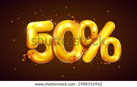 50 percent Off. Discount creative composition of golden balloons. 3d 50% mega sale or fifty percent bonus symbol with confetti. Sale banner and poster. Vector illustration. Royalty-Free Stock Photo #1988316962