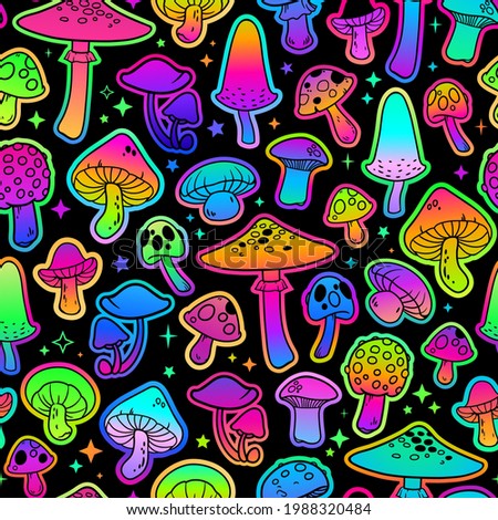 colorful illustration with mushrooms, bright psychedelic colors Royalty-Free Stock Photo #1988320484