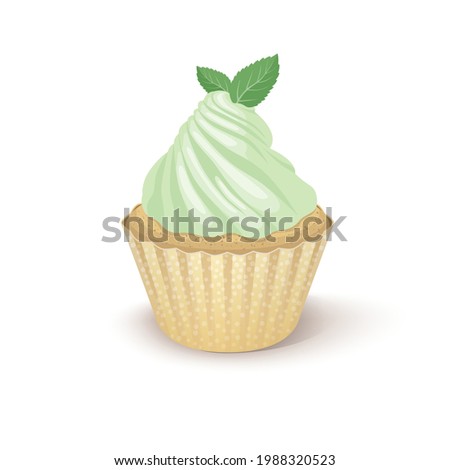 Vector illustration cupcake with mint whipped cream and two green leaves on white background. Isolated clipart with one sweet cake