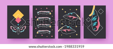 Set of contemporary art posters with moths and caterpillars. Leaves, cocoon, hearts, stars vector illustrations, black background. Insects, nature concept for designs, social media, postcards