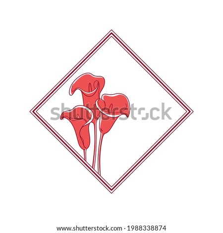 Square botanical frame element with zantedeschia flower. Simple contour vector illustration for packaging, corporate identity, labels, postcards, invitations.
