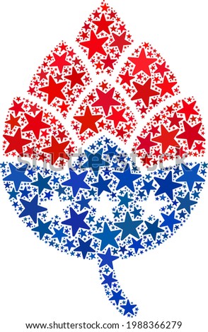 Hop cone mosaic of stars in variable sizes and color hues. Hop cone illustration uses American official blue and red colors of Democratic and Republican political parties, and star shapes.
