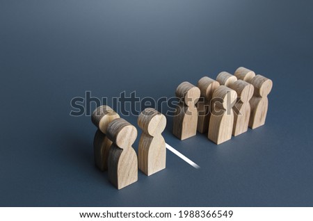 Three out of ten people separated by a line. Visualization of statistical data. 30% of 100%. Polls test results. Equality in numbers. Dividing people into two groups. Market segmentation