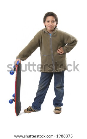 Cool boy posing with his skate. Full body, white background.