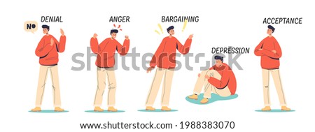 Denial, anger, bargaining, depression and acceptance stages of emotional state and mental health with man coming to accept problem. Cartoon flat vector illustration Royalty-Free Stock Photo #1988383070