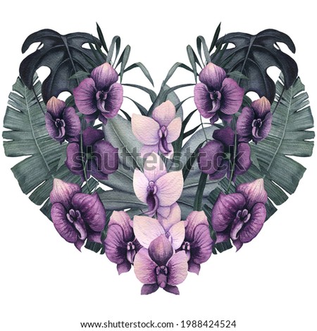 Watercolor Heart Shape Floral Composition of Tropical Deep Green Leaves and Purple Orchid Flowers
