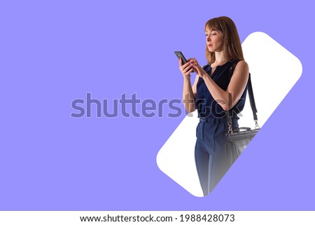 Woman with phone on lilac background. Empty space for text near girl. Businesswoman is dressed in stylish business attire. She is typing SMS application. Businesswoman texting with someone on phone