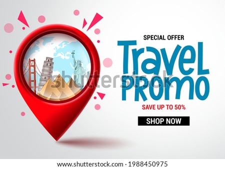 Travel sale vector banner design. Travel promo special offer text with location pin elements for advertising and promotional background. Vector illustration  Royalty-Free Stock Photo #1988450975