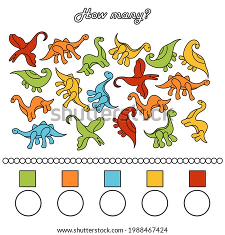 A game for preschool children. Count as many dinosaurs of the same color as possible in the picture. Write down the result. Hand drawn Color vector illustration