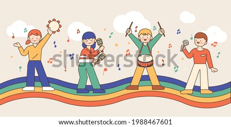 Cute children are playing musical instruments on the rainbow. outline simple vector illustration.
