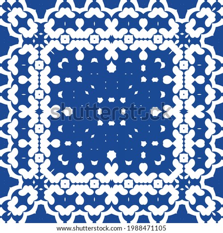 Ethnic ceramic tile in portuguese azulejo. Vector seamless pattern trellis. Hand drawn design. Blue vintage ornament for surface texture, towels, pillows, wallpaper, print, web background.