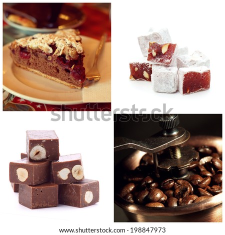 collection of sweets for tee and coffee. Chocolate and cherry pie, turkish delight, chocolate cubes and coffee beans