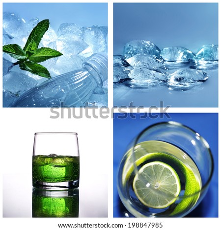 Refreshment collage. Collection of cold water and ice. Bottle of fresh water, glass of water with lime. Fresh drink.