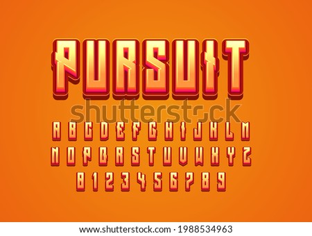 Pursuit 3d orange game logo text effect. set of vector alphabet and number with playful style for game, comic book, cartoon