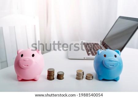 save money investment and business finance , Money coin stack growing graph with piggy bank saving concept. Balance savings and investment.