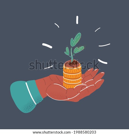 Cartoon vector illustration of Hand with tree growing from pile of coins. Object on dark background.