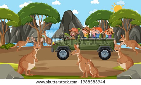 Safari at daytime scene with children watching kangaroo group illustration