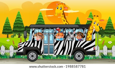 Safari at sunset scene with children and animals on the bus illustration