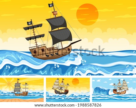Set of different beach scenes with pirate ship and pirate cartoon character illustration