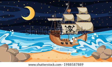 Beach scene at night with Pirate ship in cartoon style illustration