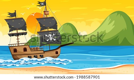 Ocean with Pirate ship at sunset time scene in cartoon style illustration