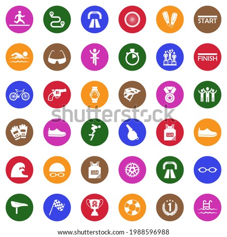 Triathlon Icons. White Flat Collection In Circle. Vector Illustration.