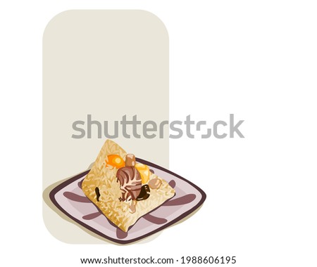 Isolated plate of Zongzi, sticky rice dumpling on white background. Unwrapping Zongzi sticky rice dumpling.  Close up hand drawing vector illustration. Chinese traditional food Dragon boat festival.