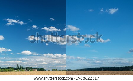 Effect of a polarizing filter shown on the photo of the sky. The picture of the clouds is higher contrast through the filter. Royalty-Free Stock Photo #1988622317