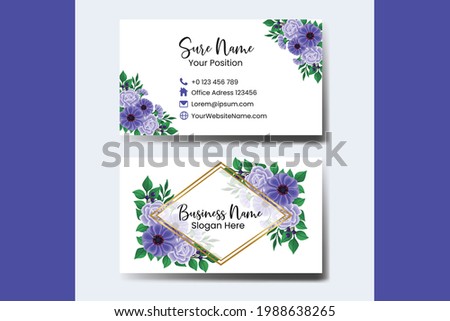 Business Card Template Zinnia and Rose Flower .Double-sided Blue Colors. Flat Design Vector Illustration. Stationery Design