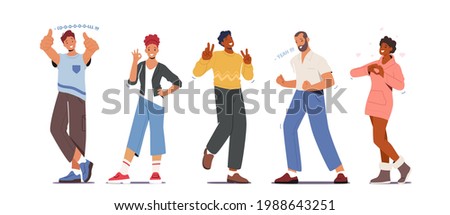 People Showing Positive Gestures. Happy Young Male and Female Characters Show Thumb Up, Ok Symbol, Victory, Yeah and Heart Gesturing. Happiness Emotions, Language. Cartoon People Vector Illustration Royalty-Free Stock Photo #1988643251