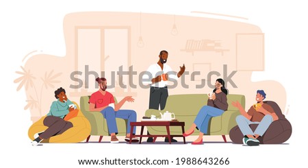Group of Characters Celebrate Party at Home Sitting at Table in Living Room Eating Cookies, Drinking Tea. Friends Company Leisure, Weekend Spare Time, Celebration. Cartoon People Vector Illustration Royalty-Free Stock Photo #1988643266