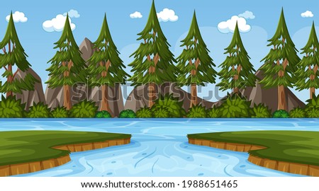 Background scene with river in the pine forest illustration