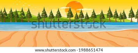 Beach horizontal scene at sunset time with many pine trees illustration