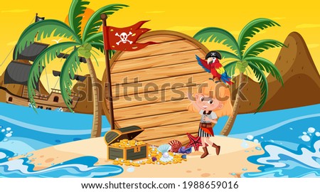Empty banner template with pirate girl at the beach sunset scene illustration