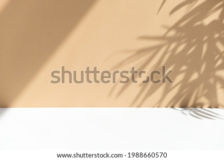 Minimal abstract background for the presentation of a cosmetic product. Premium podium with a shadow of tropical palm leaves on a beige wall. Beige wall and white table. Royalty-Free Stock Photo #1988660570