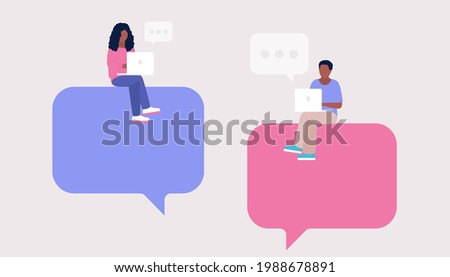 Young people with laptop sit on speech bubbles. Online communication concept. Vector illustration in a flat style