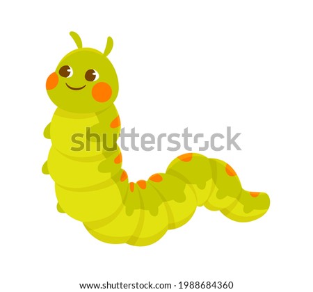 Cute green smiling caterpillar on white background. Concept of stickers of cute and funny insects and garden animals for children. Flat cartoon vector illustration