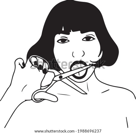 Black and white illustration of a girl with Bob hairstyle holding scissors with her mouth open and licking scissor blade