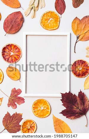 Creative layout of autumn leaves, dry oranges fruit slices and white
 photo frame. Flat lay, space for text