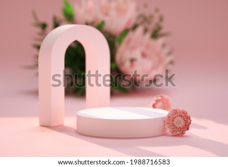 Podium, stand, showcase on pastel light, pink background and flowers. for premium product with nature plant, leaves.3d render. Royalty-Free Stock Photo #1988716583