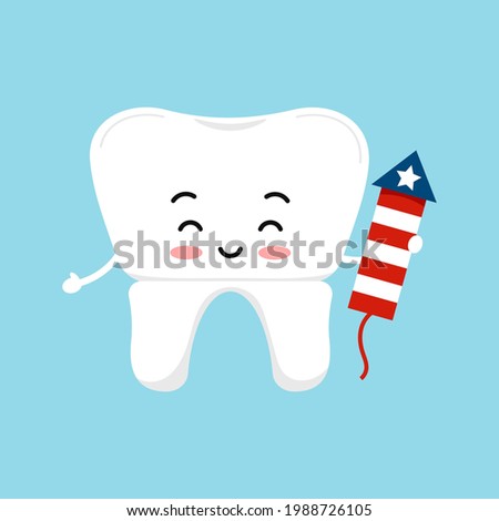 4 th of July tooth crown dental icon isolated. Dentist cute tooth crown character with firework. Flat cartoon vector USA independence clip art illustration.