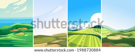 Collection of golf courses. Sport fields in vertical orientation. Royalty-Free Stock Photo #1988730884