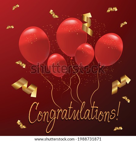 Red balloons with gold sparkles and confetti on a red background
