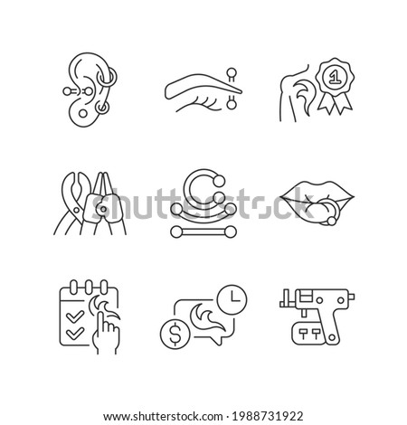 Tattoo and piercing creation linear icons set. Salon for creating unique body look. Customizable thin line contour symbols. Isolated vector outline illustrations. Editable stroke