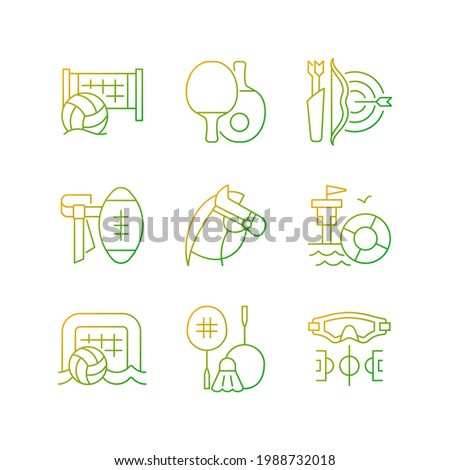 Summer camp activities gradient linear vector icons set. Beach volleyball. Ping pong. Archery. Horseback riding. Thin line contour symbols bundle. Isolated vector outline illustrations collection
