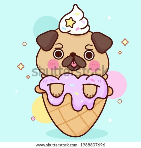 Cartoon Pug cute vector Dog in sweet ice cream dessert Pet logo yummy food: Series Kawaii animal puppy character.Isolated on pastel background (girly doodle) mammal Illustration.Perfect Nursery child.