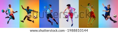 Soccer football for man and woman. Collage of different professional male and female sportsmen in action and motion isolated on multicolored background in neon light. Flyer. Advertising concept