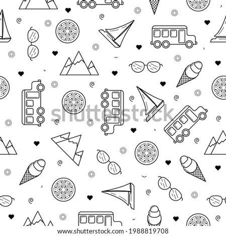 Seamless Pattern Abstract Doodle Elements Hand Drawn Collection Travel Tourism Sketch Vector Design Style Background Summer Bus Glasses Boat Ice Cream Mountains Illustration Icons
